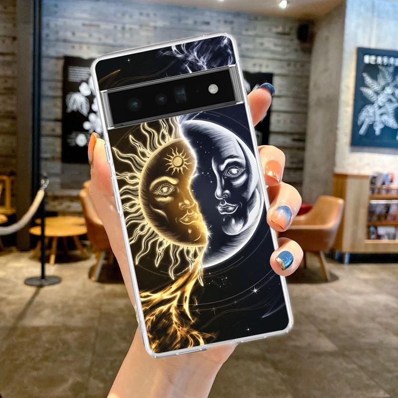 Чехол-бампер для Google Pixel 9 8 7 6 5 4 4XL 7A 6A 5A 4A 3A Pro XL 5G Прозрачный Мягкий ТПУ Корпус Узор Солнце Луна Звезды Сумка