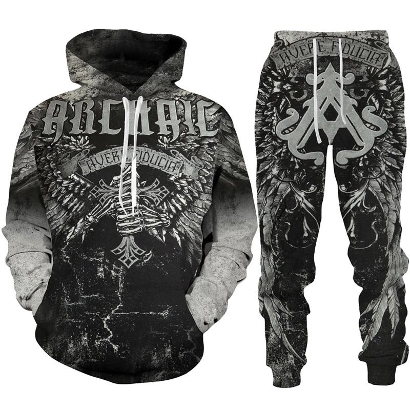 Готическая толстовка с принтом черепа/спортивный костюм с 3D-принтом, модная мужская мотоциклетная байкерская спортивная одежда, комплект крутой толстовки с графическим рисунком + костюм для брюк