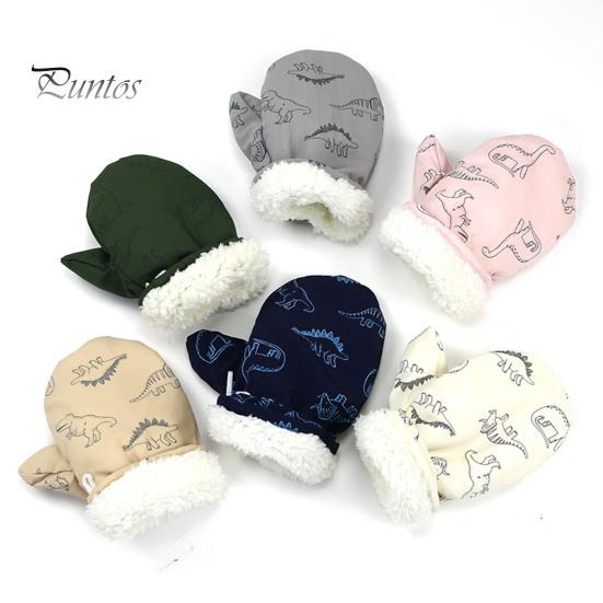 1 Pair Children Winter Mittens Thick Plush-lined Windproof Cartoon Dinosaur Cold Weather Outdoor Gloves Adjustable Fasten Strap Anti-Slip Ski Gloves
