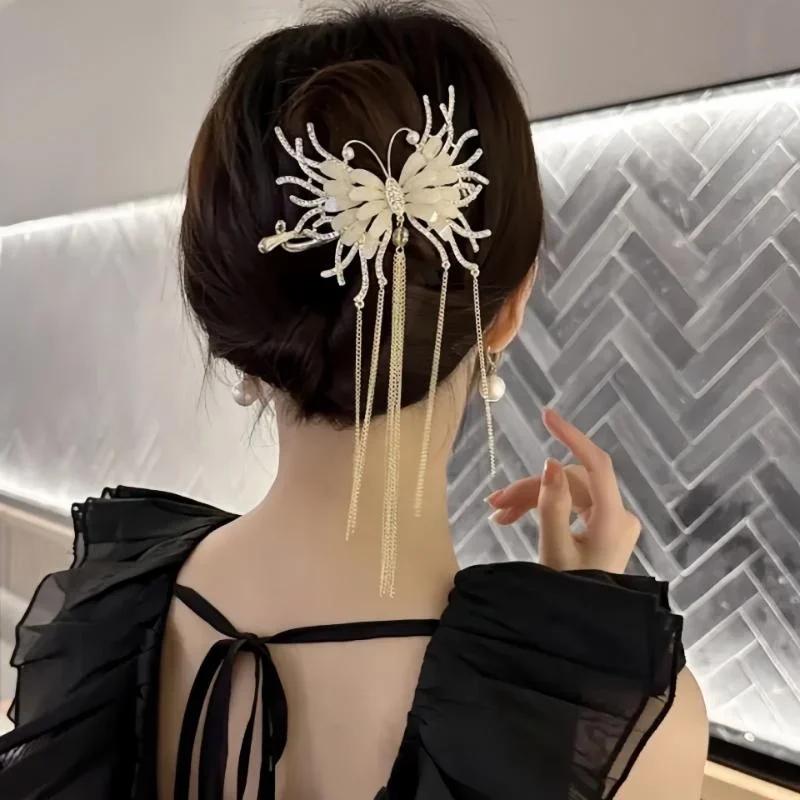 Fashion Retro Women's Butterfly Chain Tassel Rhinestone Hairpin Sweet and Spicy Cool Dark Wind Women's Hair Accessories Hairpin