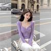 Purple Pleated Short Square Collar Long Sleeve Top for Women In Spring and Autumn New Small Slim and Versatile Shirt