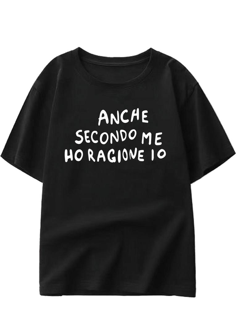 Womens Casual Shortsleeved Tshirt Italian Letter Print Top Black Graphic Crew Neck Regular Shirts for Women Y2k Top