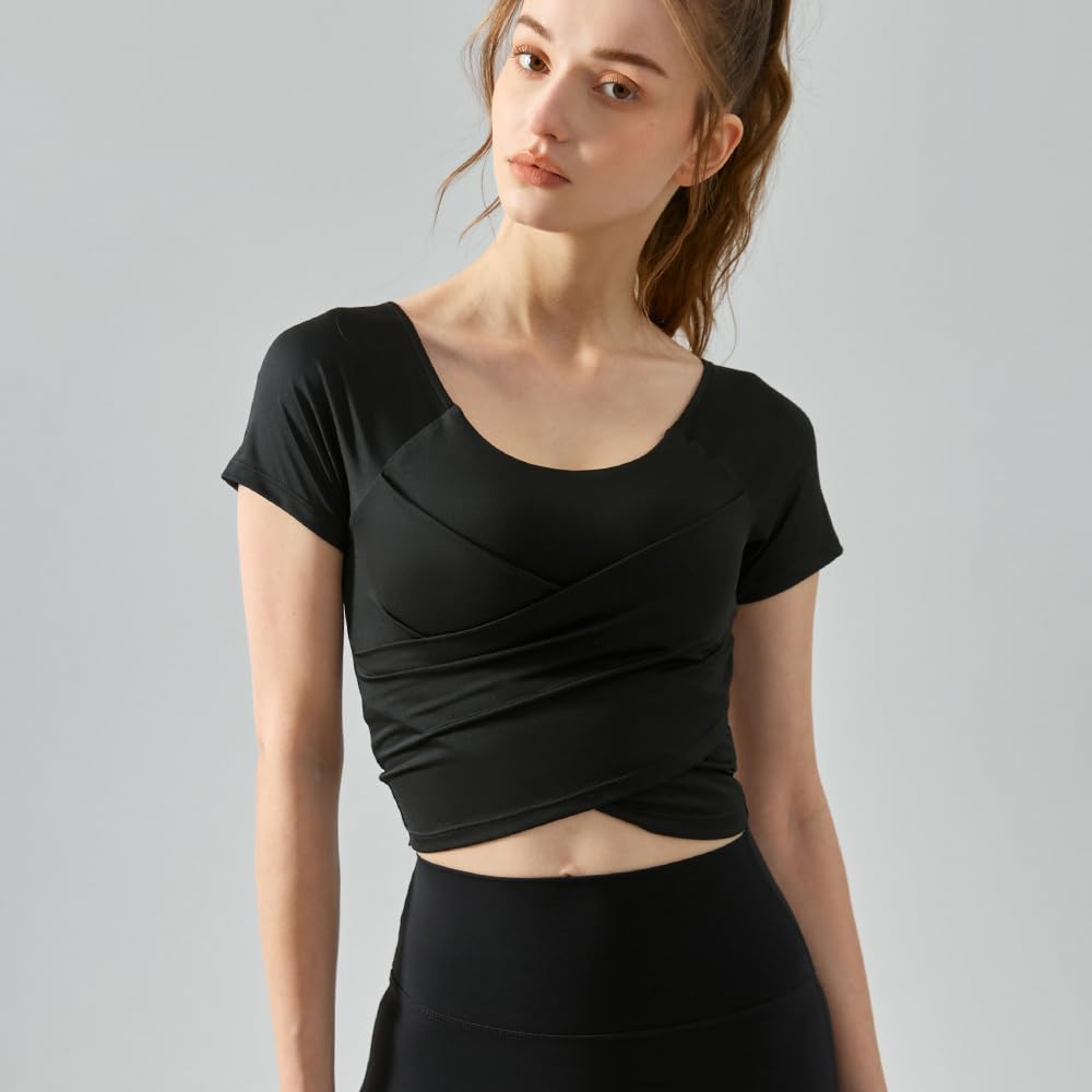 Yomoment Short Sleeve Shirt with Cross Stretch Padded Yoga Short Women's Front, Shirt, Wear, Top, Quick-Drying T-Shirt