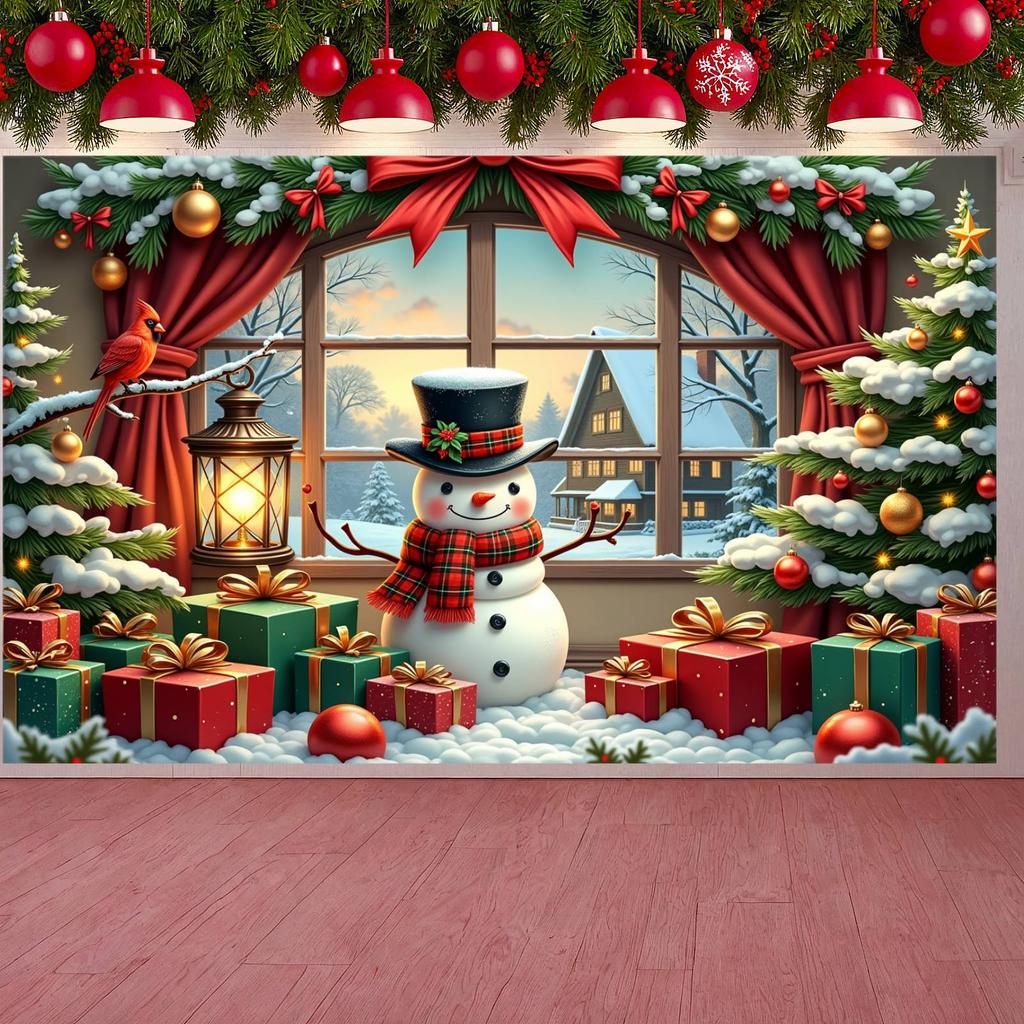 Festive Banner Gold Ornament Winter Backdrop Christmas Decor Banner Snowman Design Holiday Display For Holiday Gathering Xmas