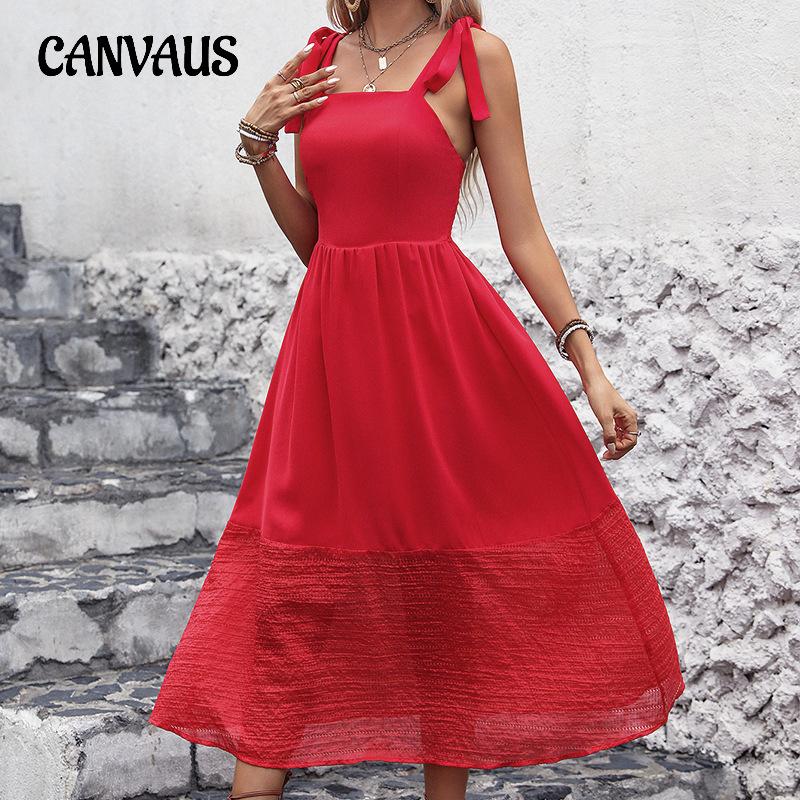 Летнее женское платье без рукавов с ремешками, красные элегантные пригородные платья