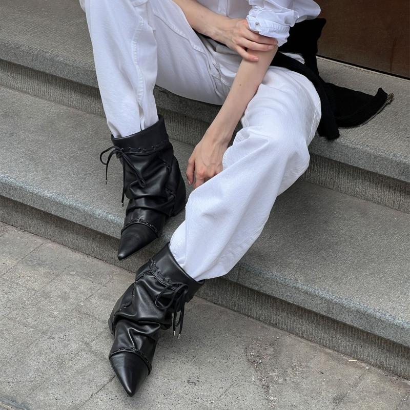 Складные остроносые короткие сапоги женские на плоской подошве с ремешками осень и зима новые ретро нишевые Майяр западные ковбойские сапоги