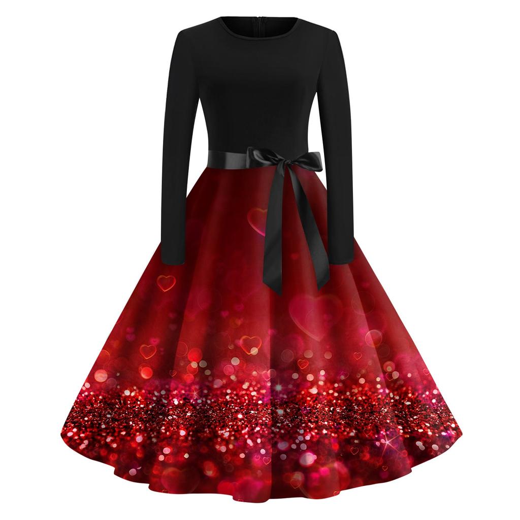 Женское винтажное классическое платье с длинным рукавом и принтом на День святого Валентина, свободное платье с круглым вырезом