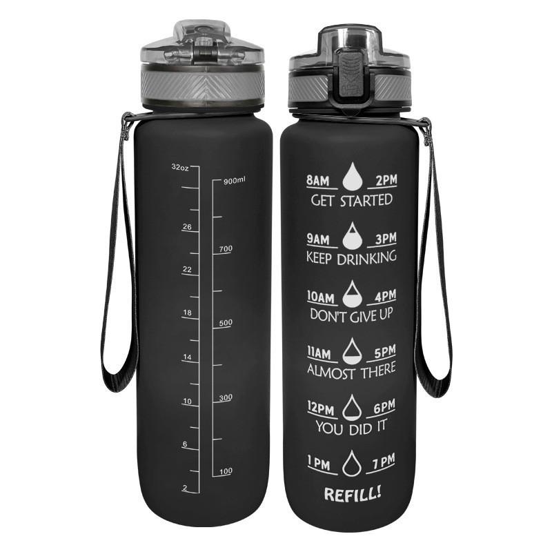 Tritan Frosted 1000ml Plastic Water Bottle with Time & Capacity Scale, Portable Handle