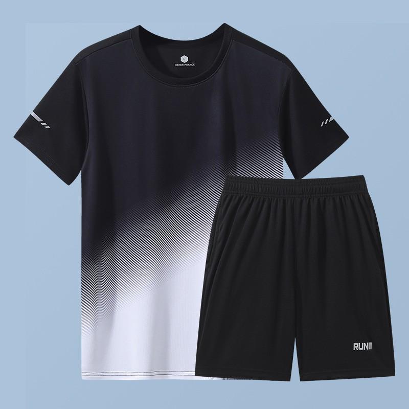 Mens Quick-Dry Ice Silk Sport Set Short Sleeve T-Shirt Shorts Running Gym Badminton