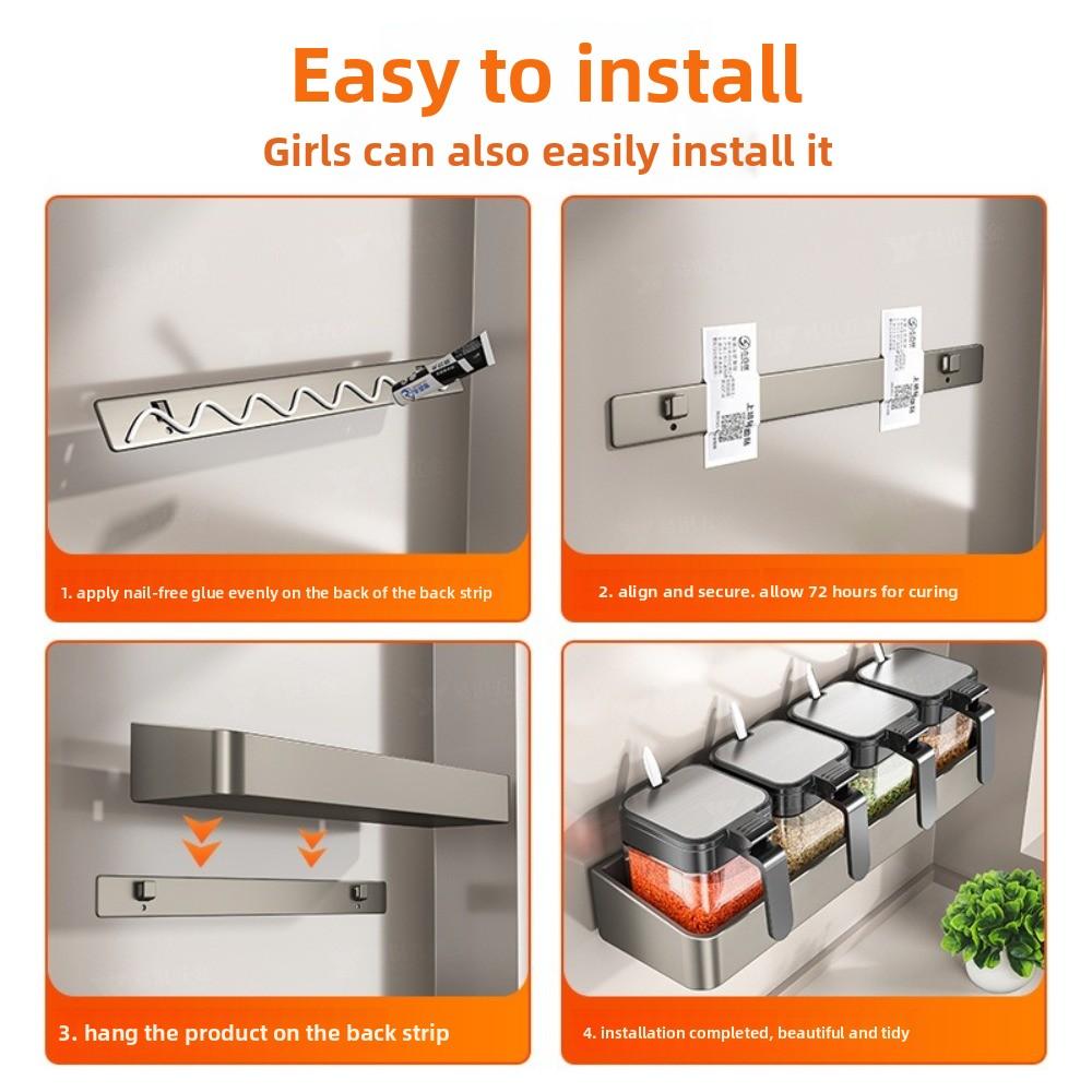 No-Drill Installation Spice Jar Removable Condiment Organizer Wall-Mounted Spice Rack Kitchen Use