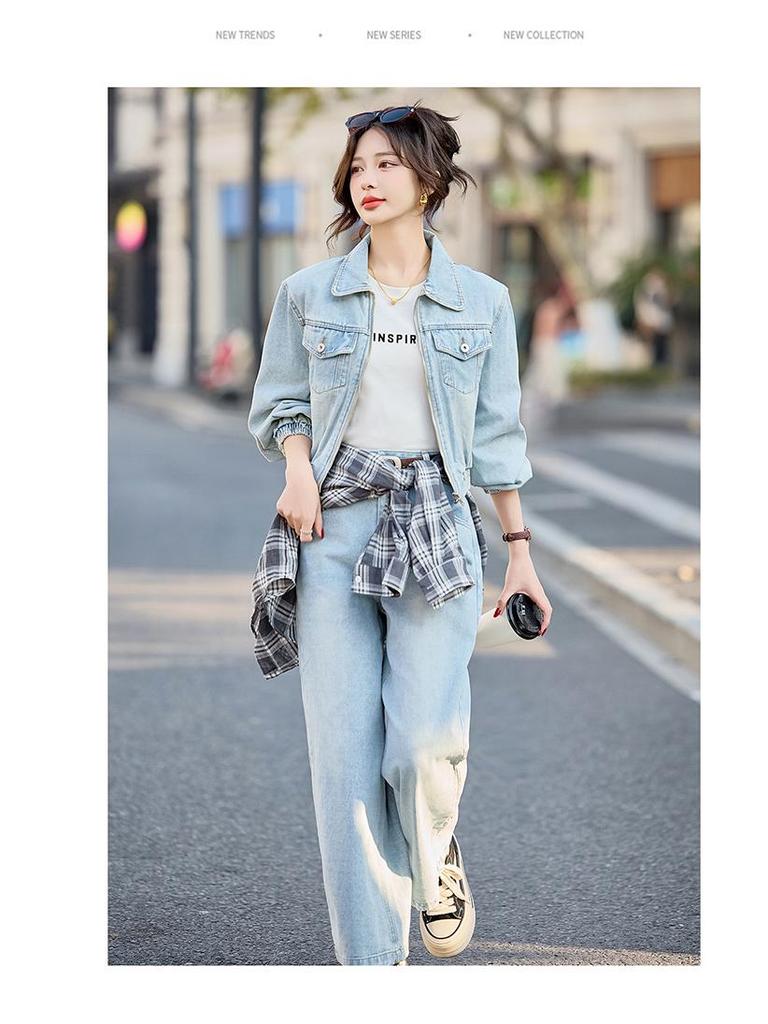 Женский ретро джинсовый комплект на весну/осень 2025 года: куртка и брюки прямого кроя