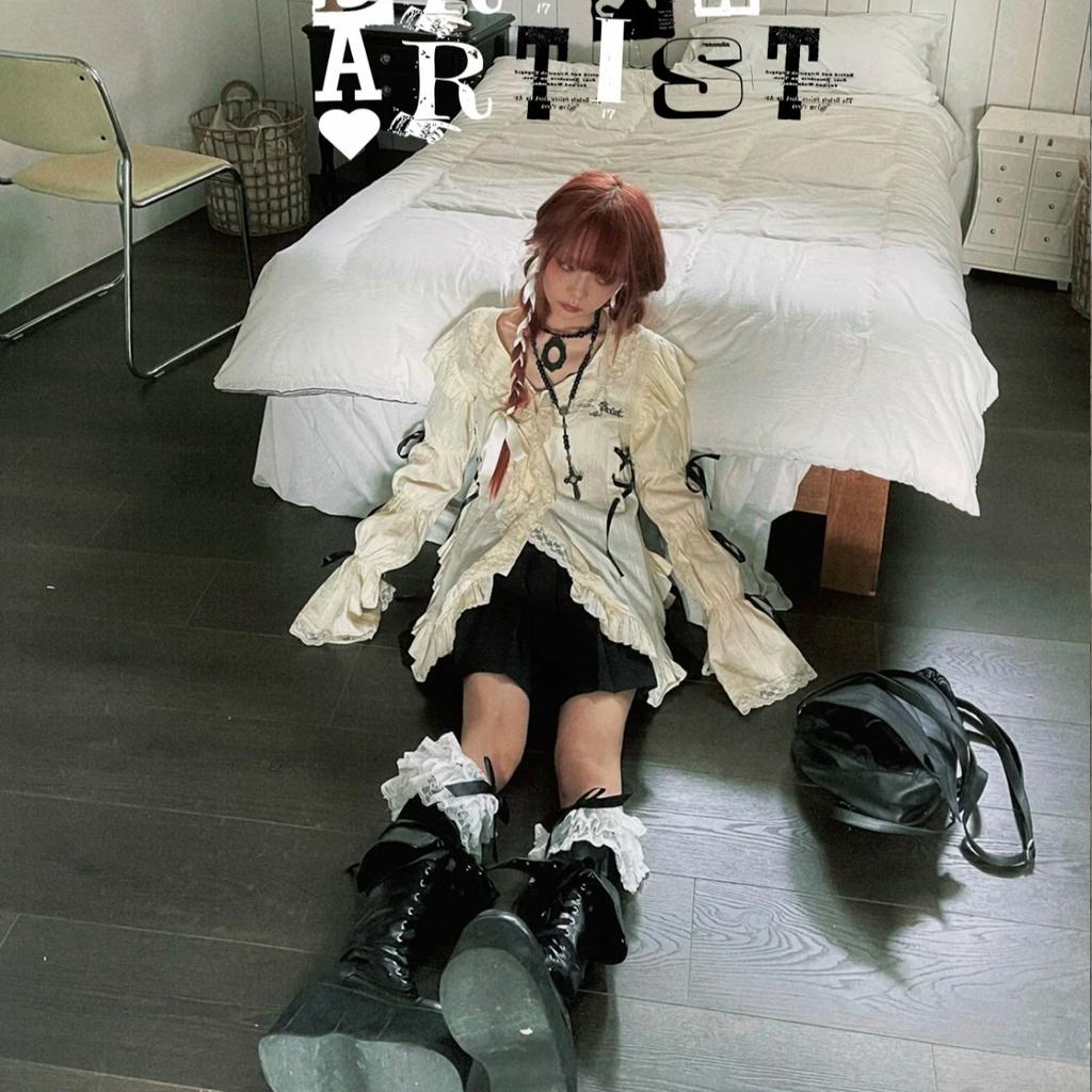 2KWEIRD Эстетика Y2k Кружевная рубашка Гранж Готика Необычные блузки Фея Харадзюку Рубашка-бандаж Винтажная одежда Лолиты Молл-готика