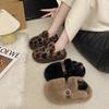 2025 Autumn New Thick-soled Retro Outer Wear Leopard Print One-pedal Lazy Cotton Shoes Women's Plush Warm Fluffy Shoes Women
