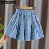 Girls Denim Pearl Short Skirt Summer Fashion Pleated Skirt Children's Culottes