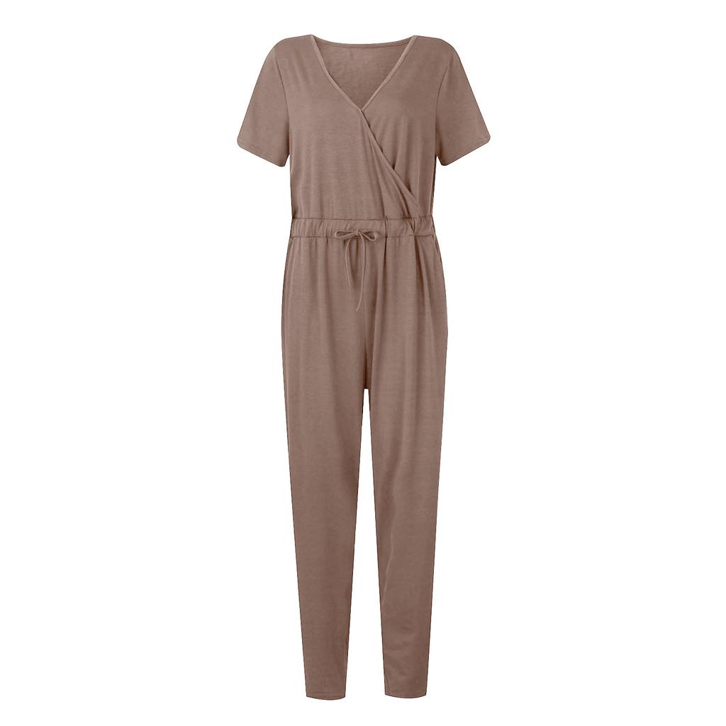 Women’s Sexy Deep V-Neck Short Sleeve Wrap Drawstring Waist Jumpsuit Romper With Pockets