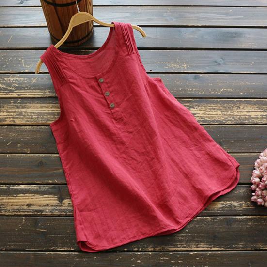 Women Vest Round Neck Sleeveless Solid Color Tank Tops Loose Fit Buttons Decor Summer Camisole Daily Wear
