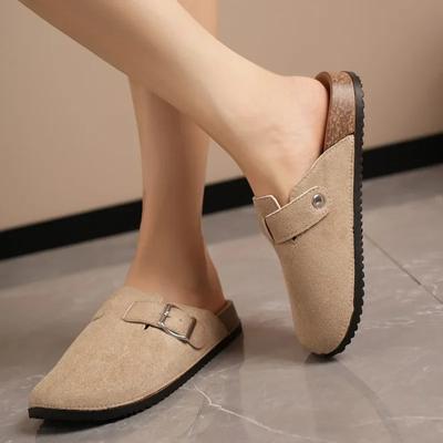 Мода 2024 года, высококачественная женская обувь, украшение на пряжку, женские тапочки, осенние, закрытый носок, однотонные, флоковые, на низком каблуке, уличные тапочки-мюли