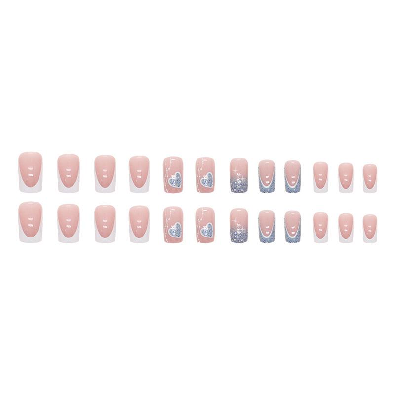 24 Pieces Medium and Long French Manicure Flash Love Fake Nails European and American Ins Style Wearing Sweet Girl Manicure Nails