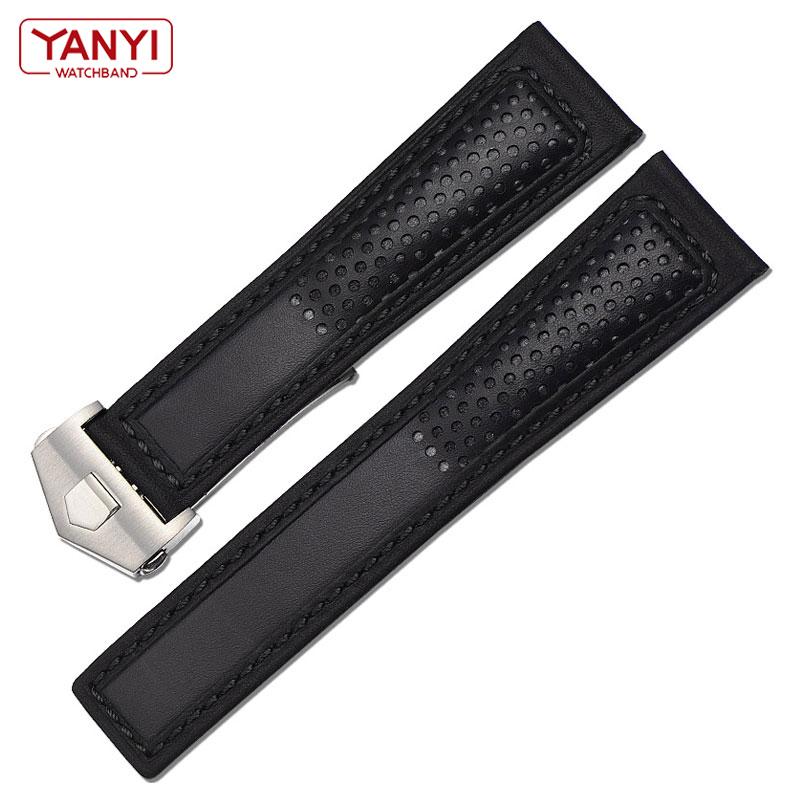 Genuine Leather Strap 22m for Ta-g He-uer F1 Watchband Red Stitches Wristwatches Band Fold Buckle Leather Watch Bracelet