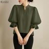 Women Casual V-neck Solid Color 3/4 Sleeve Loose Blouse