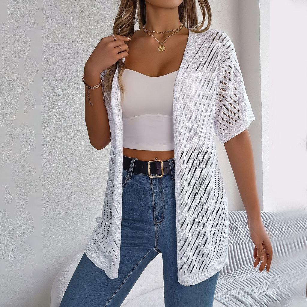 Женская модная повседневная трикотажная рубашка с короткими рукавами и солнцезащитным кремом для отдыха, однотонная куртка-кардиган