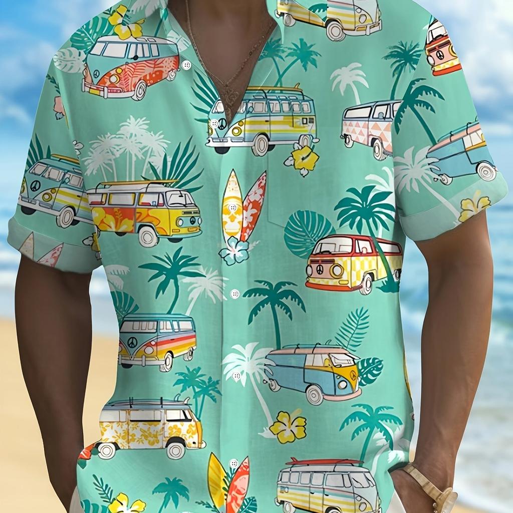 Мужская рубашка с короткими рукавами и принтом тропического серфинга и пальм