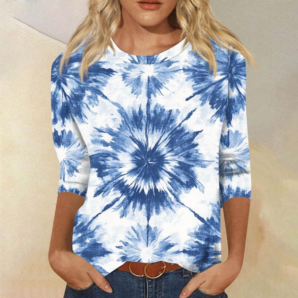 Женская модная повседневная футболка с рукавом семь восьмых, принтом и круглым вырезом