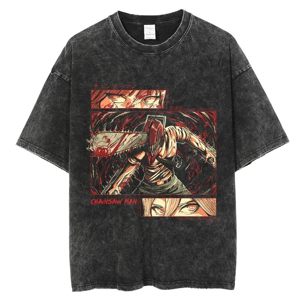 Anime Chainsaw Washed Short Sleeved Round Neck Yk Tshirt Ropa Hombre Men Clothing New in Top Tees Mens TShirt Camisetas