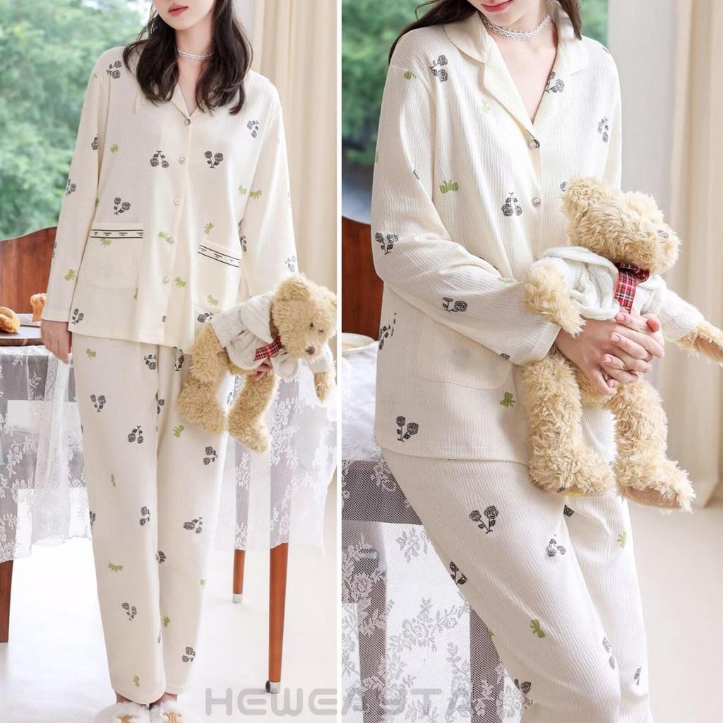 HEWEAYTA Комплект легкой домашней одежды с длинным рукавом и цветочным принтом, свободного кроя, размер женский, пижама с открытой передней частью, на пуговицах, дышащая, удобная, (Белый,