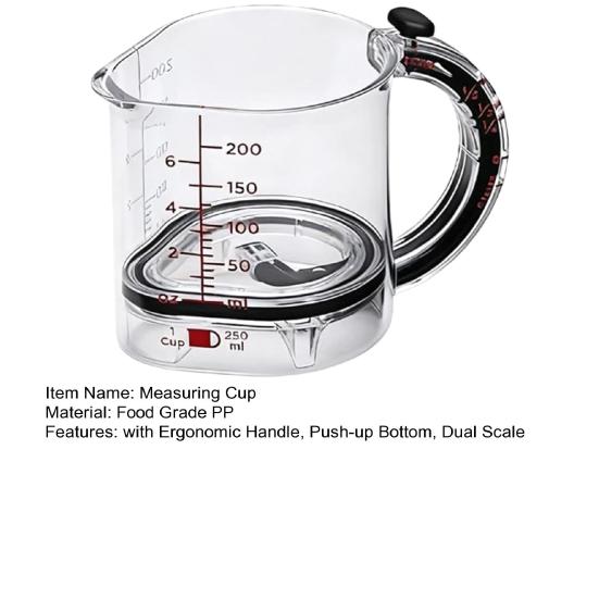 Регулируемая мерная чашка 4-в-1 с эргономичной ручкой, дно с толкателем, мерная чашка с двойной шкалой для приготовления пищи