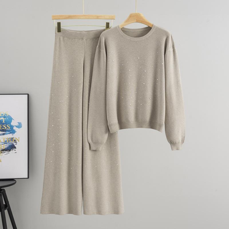 Autumn and Winter Gypsy Stars Hot Diamond Round Neck Pullover Long Sleeve Knitted Sweater Loose Knitting Two-piece Set Women