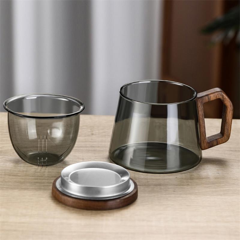 340ml High Borosilicate Glass Tea Cup With Infuser And Lid For Loose Leaf Tea Wood Handle Blooming Tea Diffusers Filter Mug
