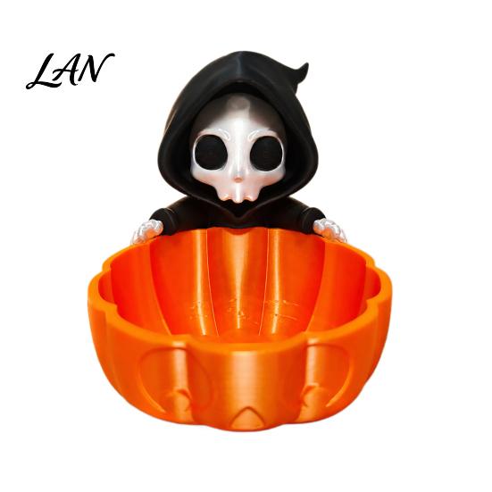 Large Capacity Pumpkin Slot Halloween Candy Bowl, 3D Printed Grim Reaper Snack Holder Dish, Spooky Bowl Skeleton Serving for Home, Office, Desk,