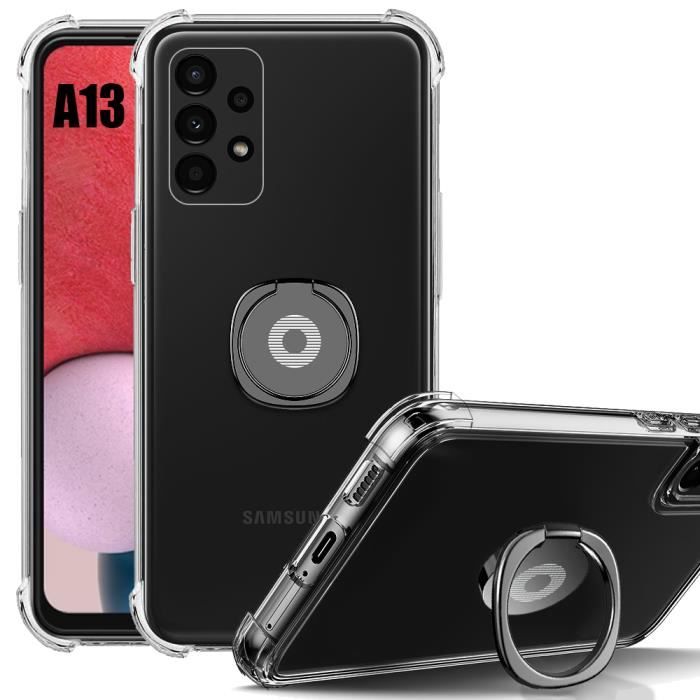Protective Case - BOOLING - for Samsung Galaxy A13 - Transparent Silicone - Shockproof - Black Ring Stand