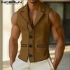 INCERUN Men Lapel Neck Sleeveless Stitching Casual Thin Slim Vest Waistcoat
