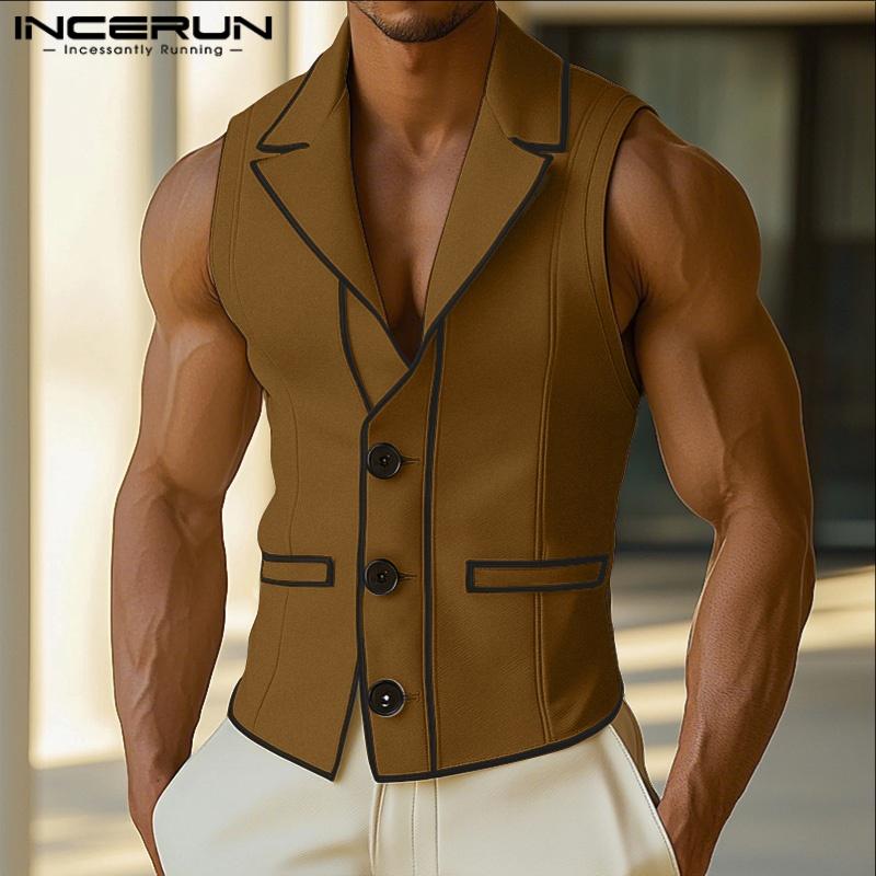 INCERUN Men Lapel Neck Sleeveless Stitching Casual Thin Slim Vest Waistcoat