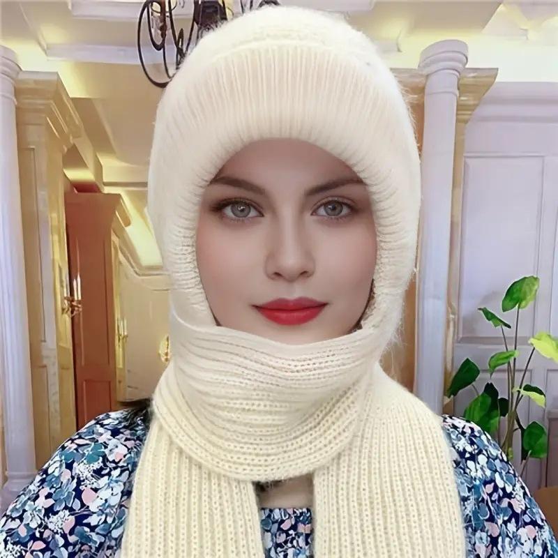 Hat Female Autumn and Winter Warm Knitted Wool Snow Hat Cycling Mother Fashion Ear Protection Headgear Scarf Integrated Hat