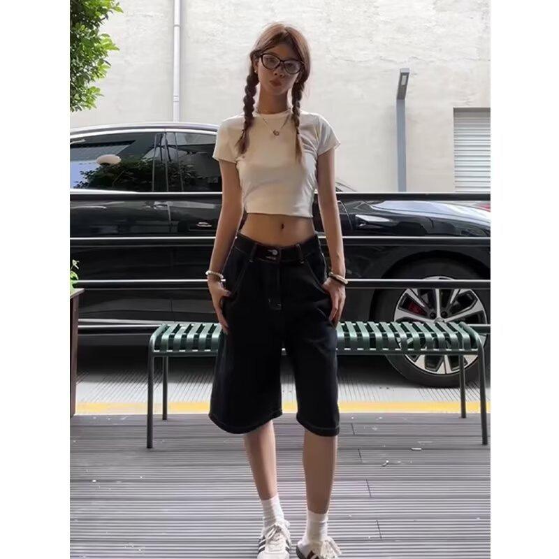 American-style black denim shorts for women, summer high-waisted slimming straight loose versatile 5-point wide-leg mid-length pants