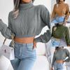 Women Fall Winter Casual Twist Long Sleeve Turtleneck Crop Knit Short Sweater