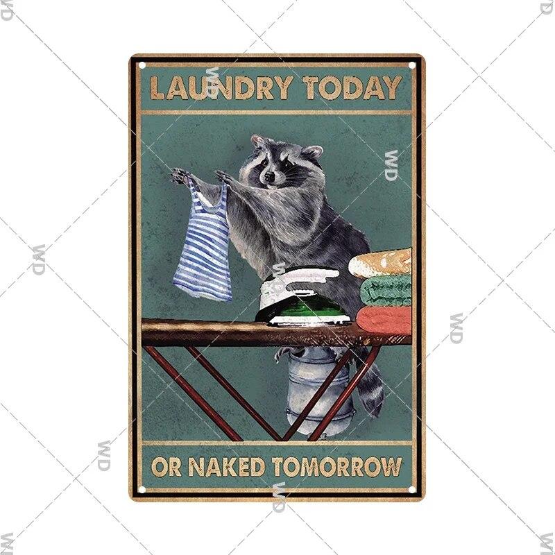 Laundry Vintage Metal Sign Tin Sign Funny Metal Plaque Retro Plate Metal Poster Open 24 Hours for Home Room Washroom Wall Decor