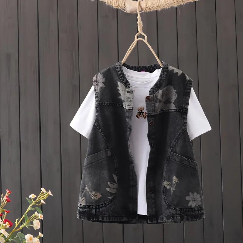 Ladies Spring and Summer Short Printed Denim Vest Loose Sleeveless Thin Jacket