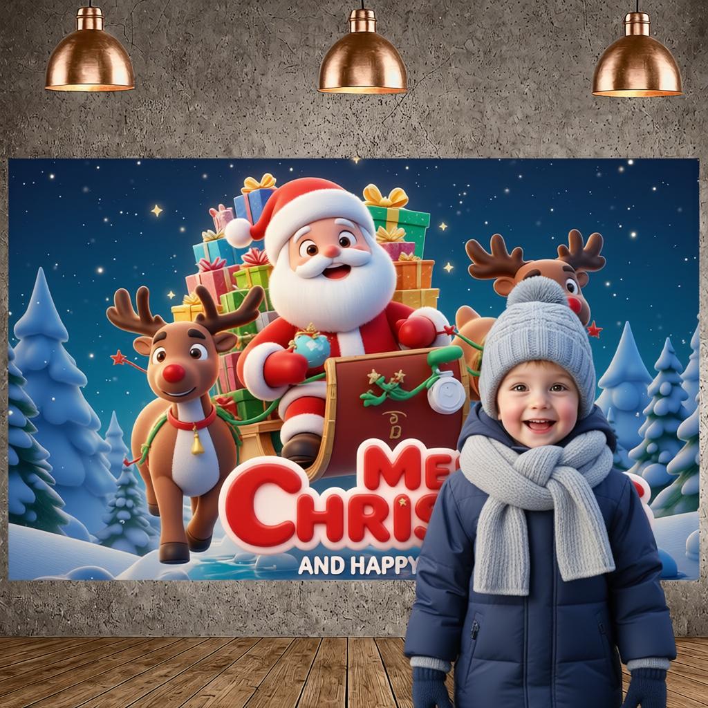 Holiday Banner Santa Claus Theme Santa Sleigh Backdrop Reindeer Backdrop Gift Box Decoration Christmas Tree Background