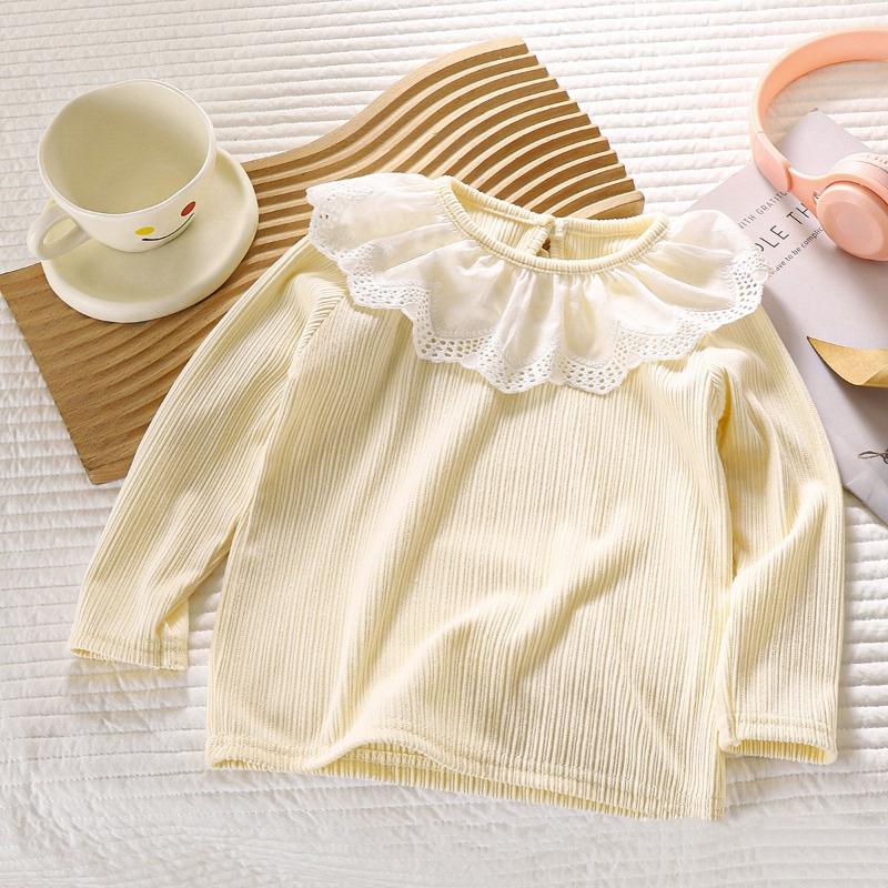 Baby Clothes Autumn Infant Girls Long Sleeve T-shirts Lace Lotus Collar Princess Kids Ribbed Bottoming Shirt Toddler Cotton Tops