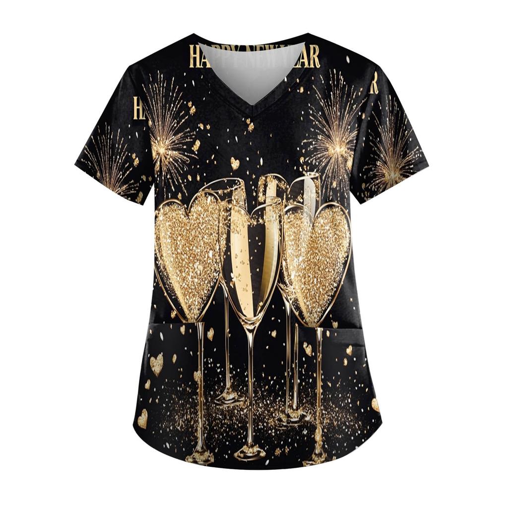Women's Fashion New Year Printed Short Sleeve V-Neck Top Small Pocket Work T-Shirt