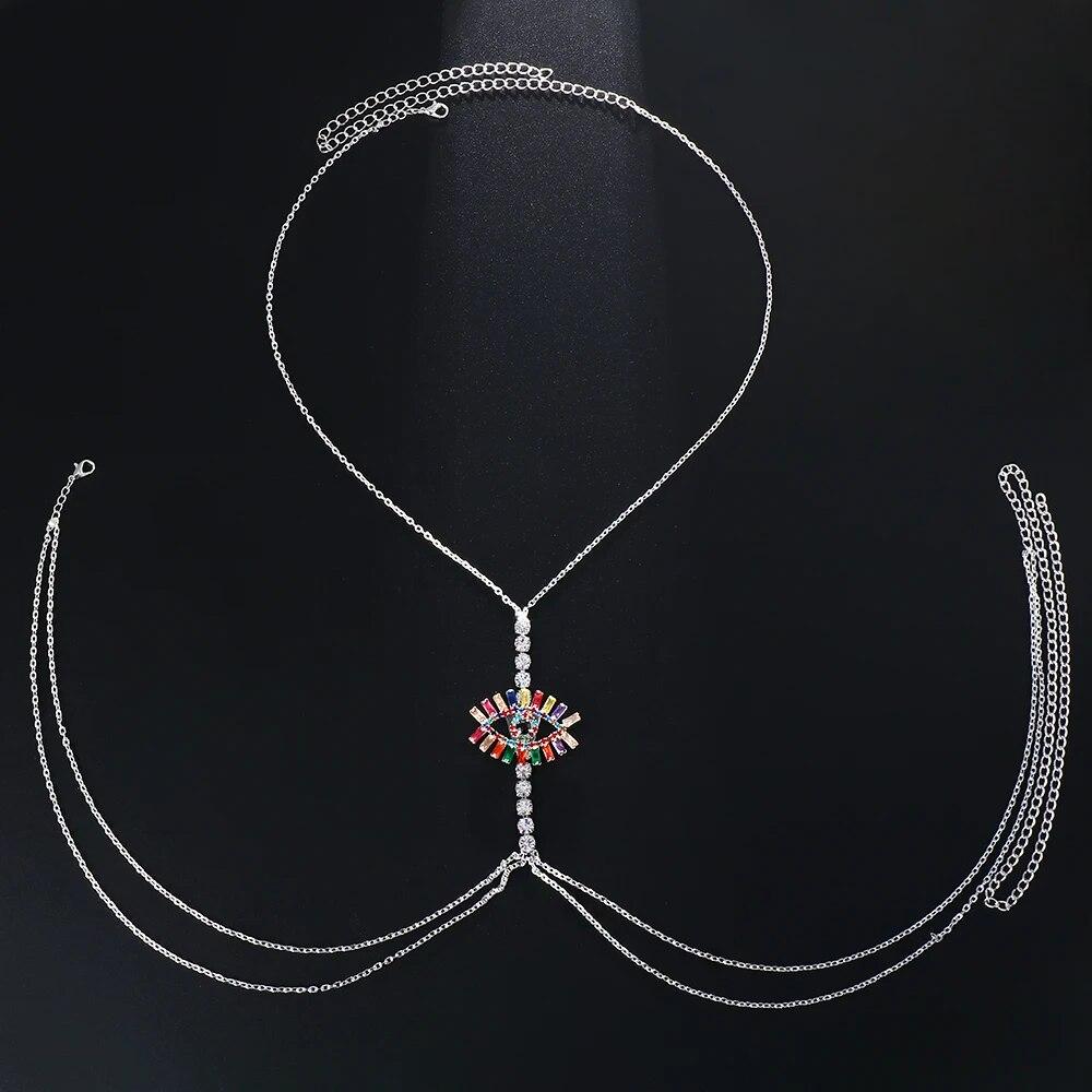 Красочная Турецкая цепочка на грудь от сглаза, сексуальное бикини, ювелирные изделия для женщин, ожерелье с кристаллами, цепочка на талию, декор тела, одежда, подарок