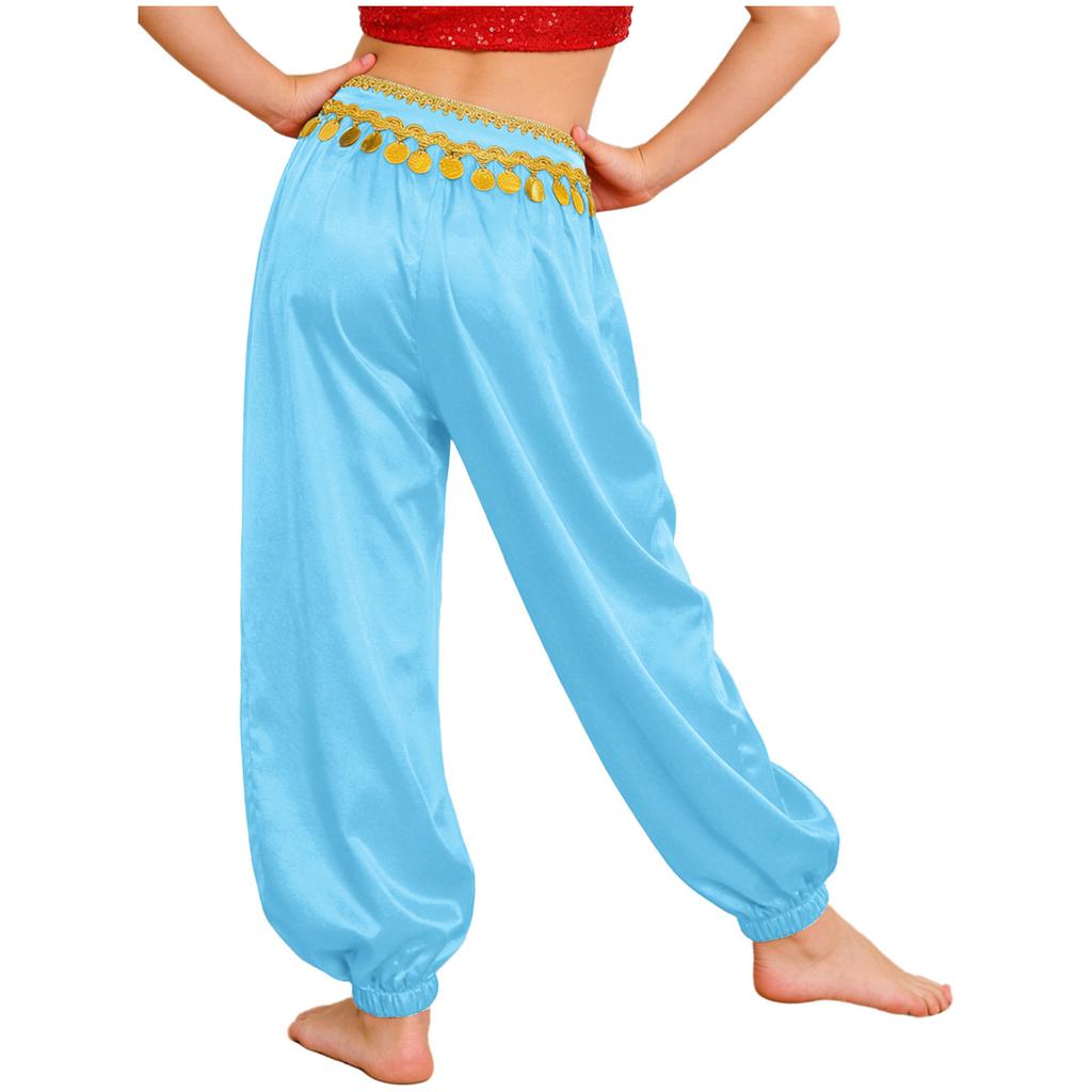 Girls Sequin Tassels Bloomers Pants Braid Trim Loose Fit Side Zipper Belly Dance Costume