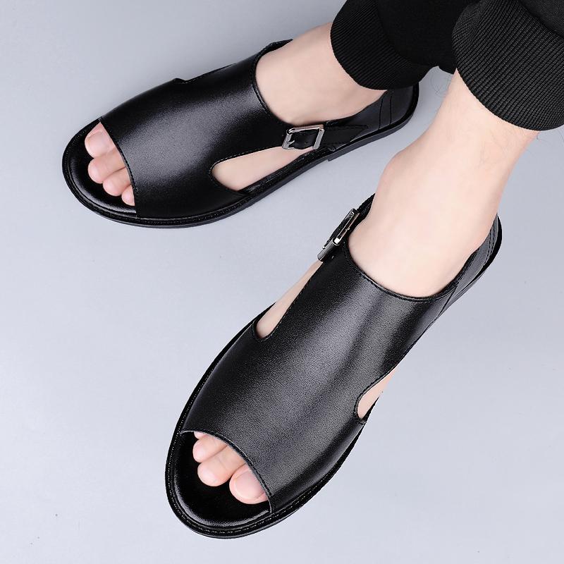 Летние новейшие мужские сандалии из натуральной кожи высокого качества, повседневная обувь для мужчин, дышащая пляжная обувь, уличные тапочки, черная мужская обувь