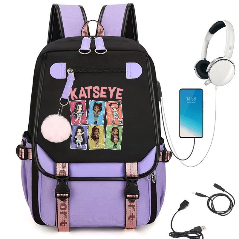 KATSEYE K-pop Cartoon USB Charging Backpack Student Bookbag Lightweight Water-Resistant Laptop Daypack
