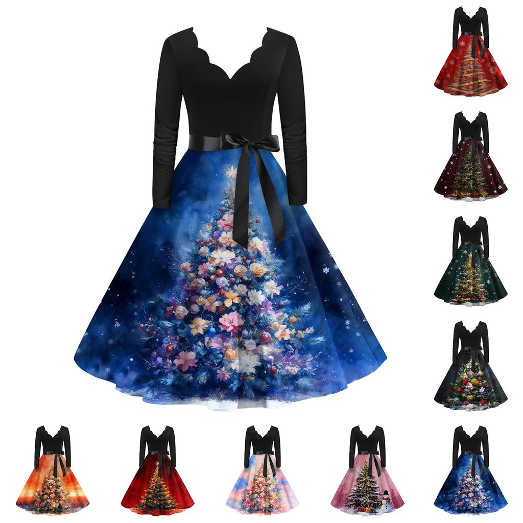 Women's Fashion Round Casual Slim Fit Christmas Print Large Swing Long Sleeve Dress