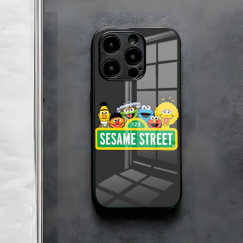 S-Sesame S-Street Phone Case For IPhone 17 Air 16 E Pro Max 15 14 13 Mini 12 Pro 11 Max Plus Black Glass Cover